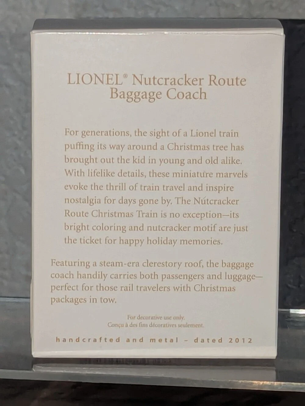 2012 Hallmark Keepsake Lionel Nutcracker Route Baggage Coach Train Ornament